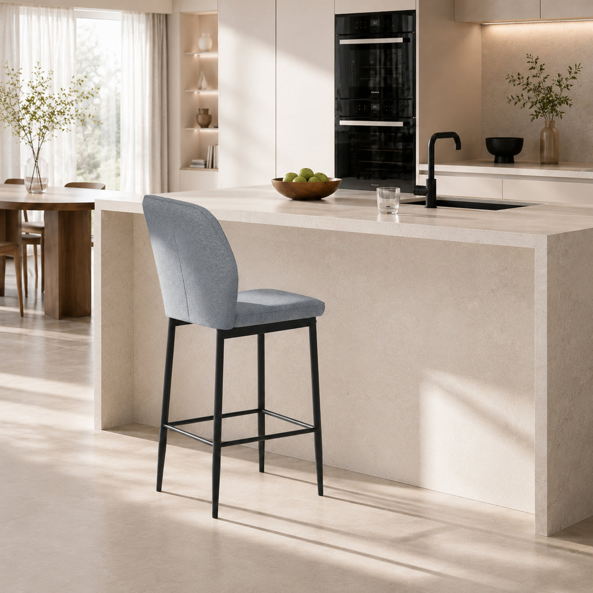 Set of 2 Velvet Bar Stools | Grey | 41x52x97cm | 64cm Seat Height | Curved Backrest | Footrest | Powder-Coated Steel | Armless | Counter Height 89–99cm | 120kg | Kitchen Island Dining
