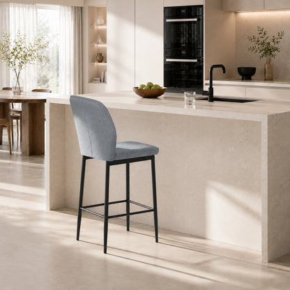 Set of 2 Velvet Bar Stools | Grey | 41x52x97cm | 64cm Seat Height | Curved Backrest | Footrest | Powder-Coated Steel | Armless | Counter Height 89–99cm | 120kg | Kitchen Island Dining