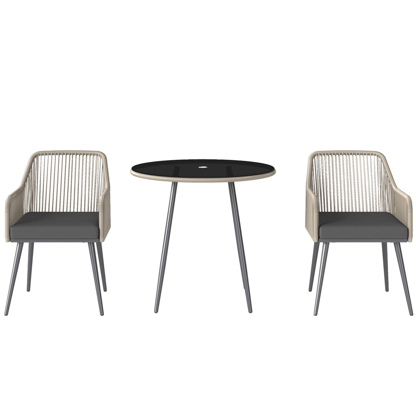 Outsunny 4 Seater Rattan Dining Set, Rattan Garden Furniture Set with Parasol Hole, Outdoor Dining Table and Chairs Set with Cushions, Round Glass Top Table