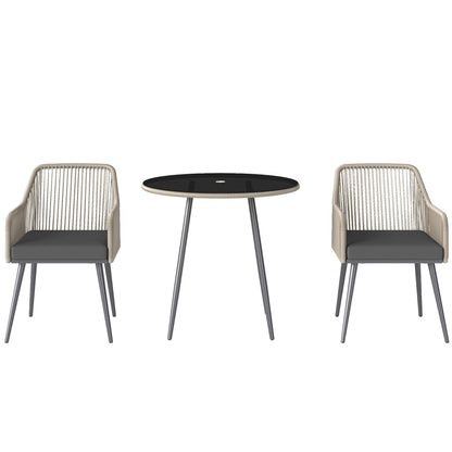 Outsunny 4 Seater Rattan Dining Set, Rattan Garden Furniture Set with Parasol Hole, Outdoor Dining Table and Chairs Set with Cushions, Round Glass Top Table