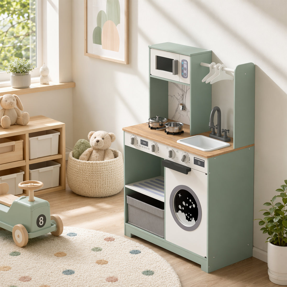 Kids Play Kitchen Playset | Stove, Sink, Microwave & Laundry | Sound Knobs | Ice Maker | 5-Piece Accessories | Ages 3–6 | Green