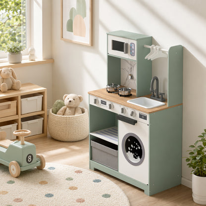 Kids Play Kitchen Playset | Stove, Sink, Microwave & Laundry | Sound Knobs | Ice Maker | 5-Piece Accessories | Ages 3–6 | Green