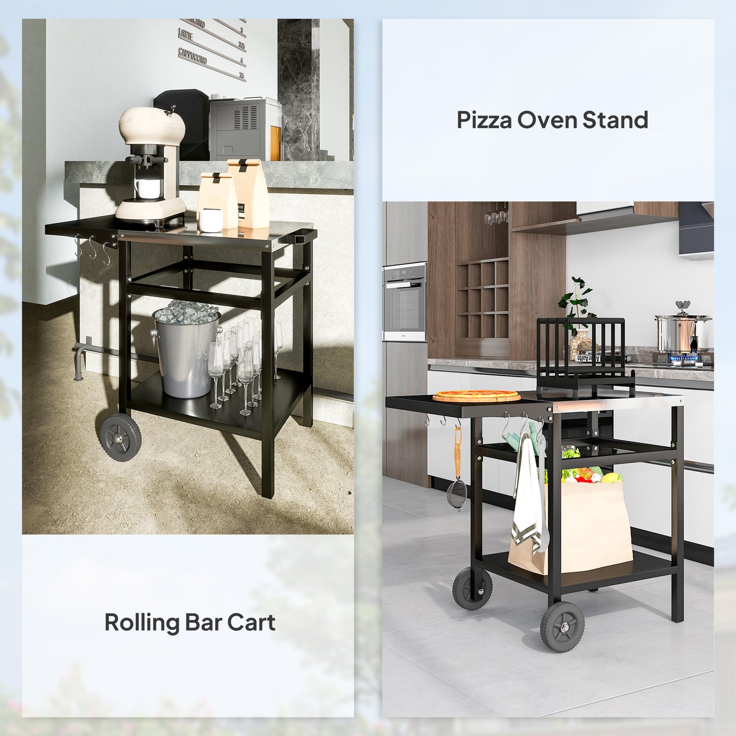 BBQ Trolley with Stainless Steel Top and Foldable Side Table, Outdoor Kitchen BBQ Station with Hooks and Shelf, Pizza Oven Table Movable Outdoor Grill Dining Cart