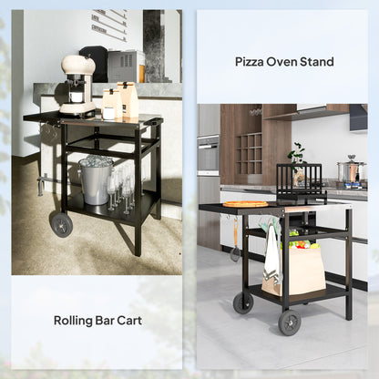 BBQ Trolley with Stainless Steel Top and Foldable Side Table, Outdoor Kitchen BBQ Station with Hooks and Shelf, Pizza Oven Table Movable Outdoor Grill Dining Cart