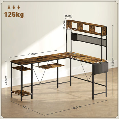 160cm Reversible L Shaped Desk with Power Outlet, Industrial Corner Desk with Storage Shelves and Keyboard Tray, 240cm Long For 2 Person