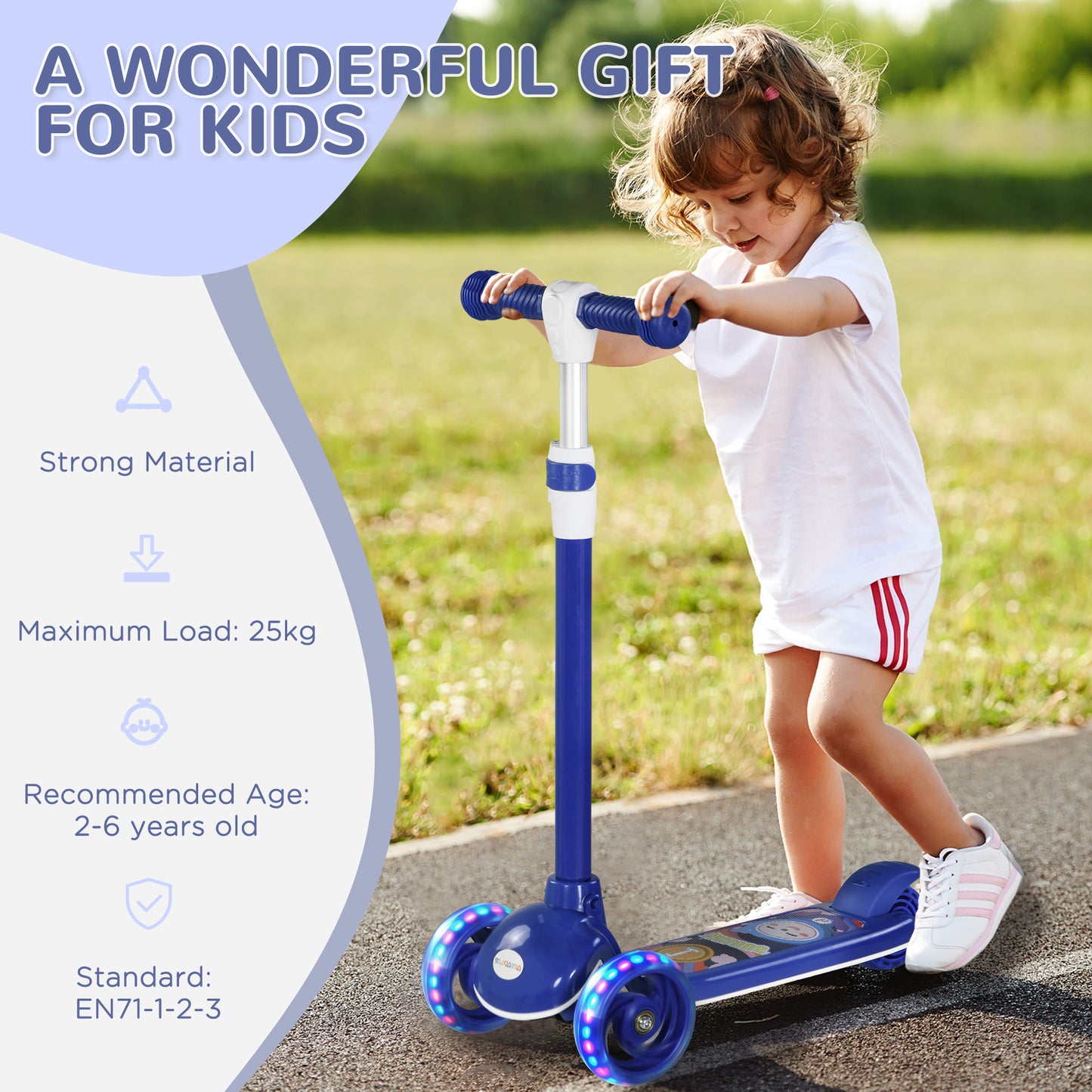 AIYAPLAY Kids 3 Wheel Scooter for 2-6 Years Old w/ Adjustable Height, LED Light, TPE Handlebar