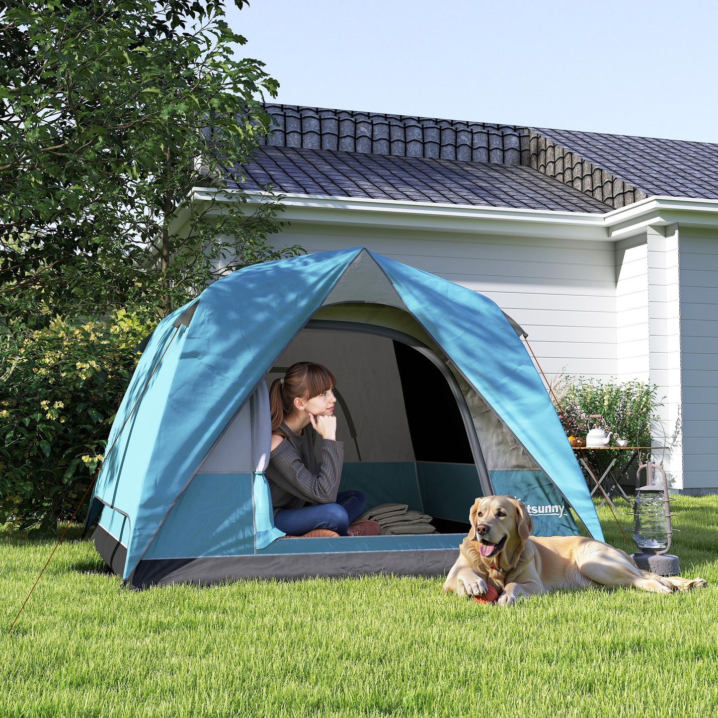 3-4 Person Camping Tent, Easy Set Up Waterproof Dome Tent with Sewn-in Groundsheet, Mesh Windows, Pocket and Hook for Camping, Light Blue