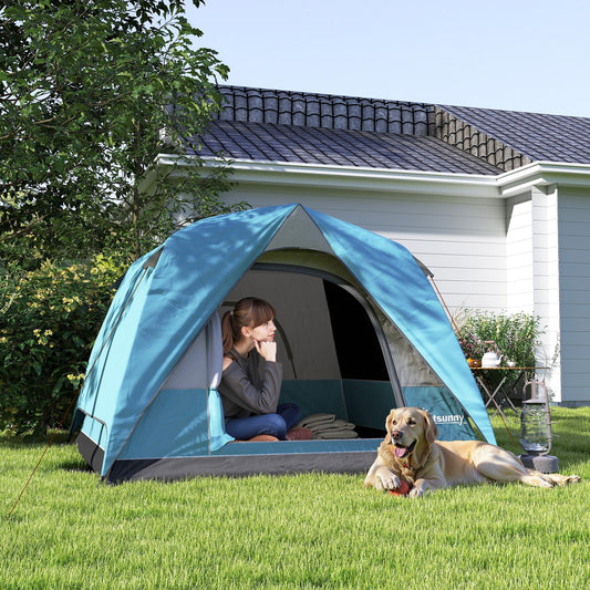3-4 Person Camping Tent, Easy Set Up Waterproof Dome Tent with Sewn-in Groundsheet, Mesh Windows, Pocket and Hook for Camping, Light Blue