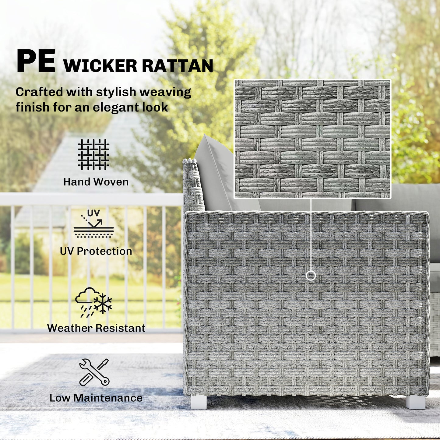 4-Piece Rattan Garden Furniture Set | Loveseat | 2 Armchairs | Tempered Glass Table | 15cm Back Cushions | Washable Covers | 120kg | Grey