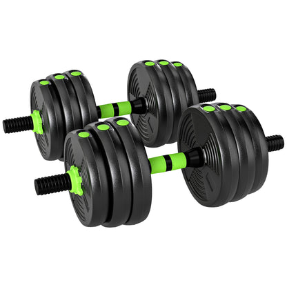 SPORTNOW 3-in-1 Adjustable Dumbbell Barbell & EZ Curl Bar Set | Black & Green | 15kg 20kg 25kg | Sand-Filled PVC Plates | Spinlock Collars | Non-Slip Handles | 2.5cm Hole | Home Gym