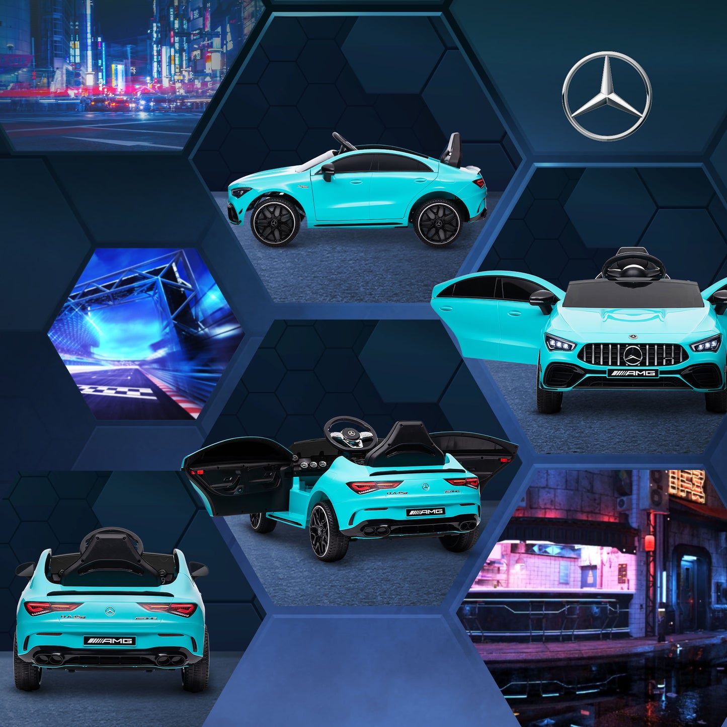 Mercedes-AMG CLA 45 Licensed 12V Kids Electric Car Ride on Car w/ Remote, Suspension Lights Music Horn - Light Blue / White / Yellow