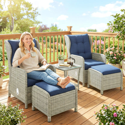5 Piece Rattan Garden Furniture Set | 2 Reclining Chairs & 2 Footstools | Side Table | 90-135° Backrest | Aluminium Frame | Washable Cushions | 120kg | Dark Blue