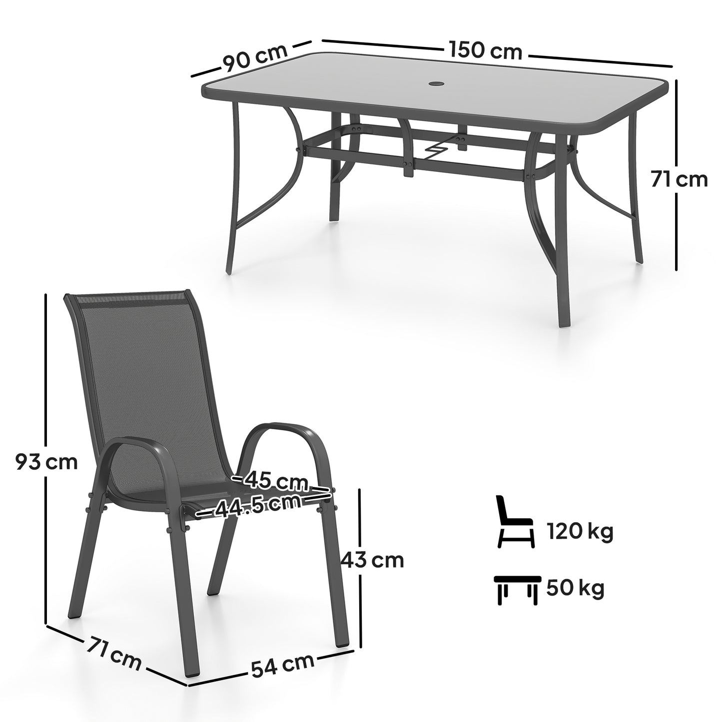 7-Piece Garden Dining Set | 6 Mesh Armchairs & Glass Table | Parasol Hole | 120kg | Charcoal Grey