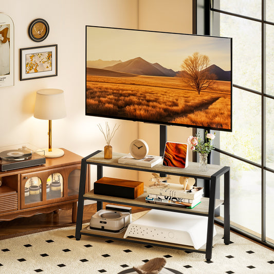 TV Stand Cabinet with Swivel Bracket for 32 - 65 Inch TVs, Industrial TV Cabinet with Open Shelves, Cable Management, Trapezoid-Shaped Steel Frame, Rustic Brown
