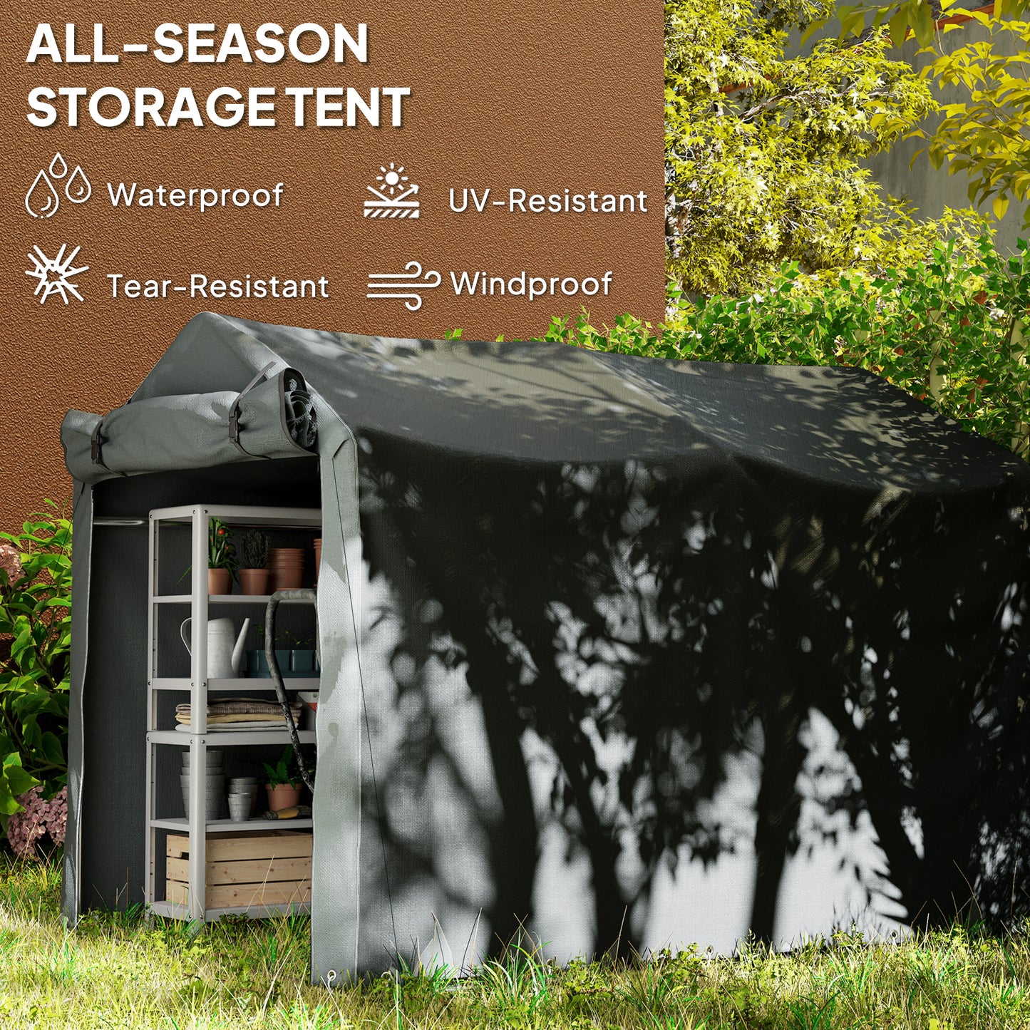 2.2 x 1.6 m Garden Storage Tent, Waterproof Anti-UV Bike Tent with Roll-up Zipper Door, Galvanised Outdoor Storage Shelter Carport, Dark Grey