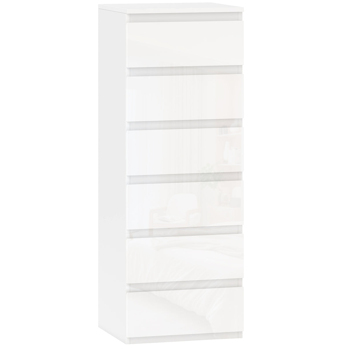 Slim 6-Drawer Chest | High-Gloss White Tallboy with Handle-Free Fronts & Wall Anti-Tip Kit | MDF Bedroom Storage | 40W × 35D × 109Hcm