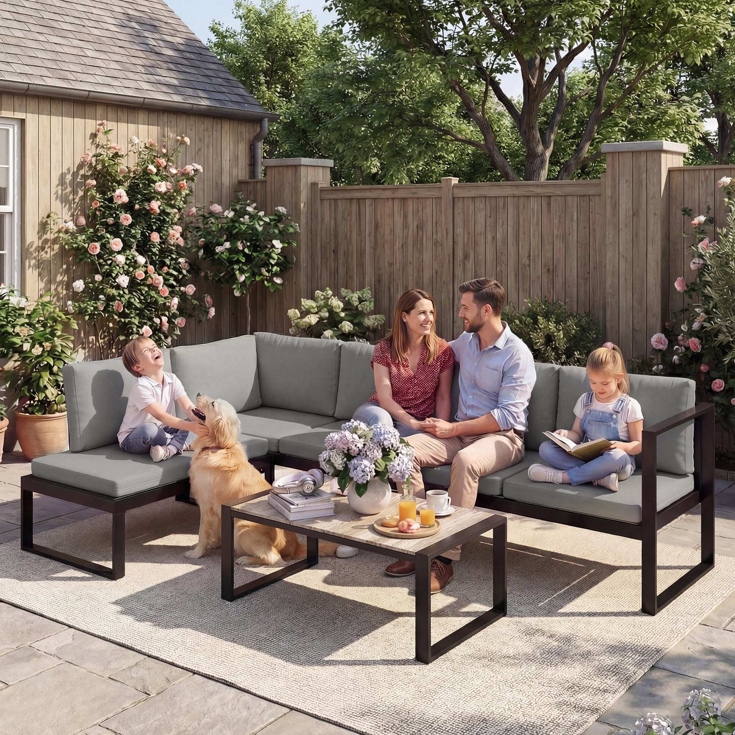 4-Piece L-Shape Garden Sofa Set | 2 Loveseats | Armless Chair | Coffee Table | Texteline Mesh | 10cm Seat & 16cm Back Cushions | 240kg | Dark Grey