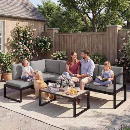 4-Piece L-Shape Garden Sofa Set | 2 Loveseats | Armless Chair | Coffee Table | Texteline Mesh | 10cm Seat & 16cm Back Cushions | 240kg | Dark Grey