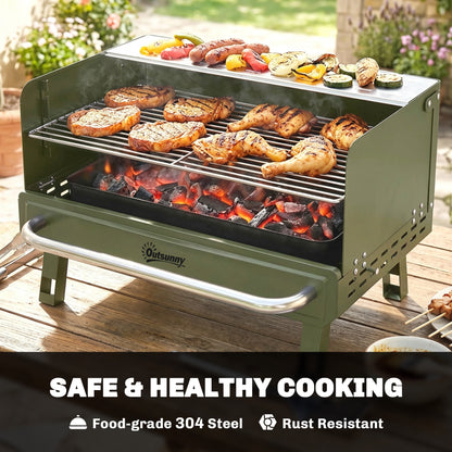 Portable Charcoal BBQ Grill | 3 Adjustable Grate Heights | 304 Stainless Steel | Foldable Legs | Side Shelf | No Assembly | 52x37x31.8cm | Green
