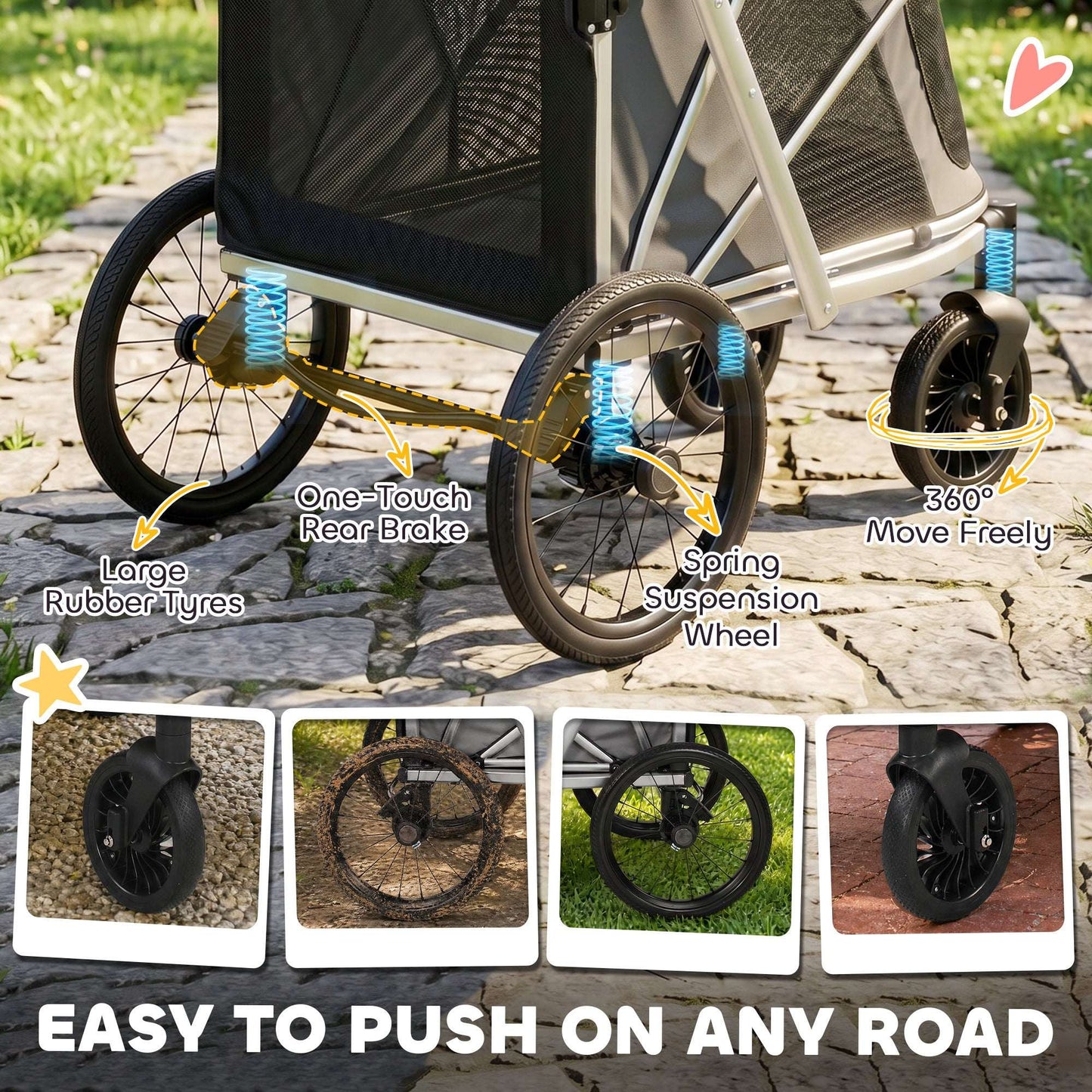 Dog Stroller for Small & Medium Dogs | Rust-Resistant Aluminium Frame | Breathable Mesh Windows | Adjustable Handlebar | Removable Cushion | Quick Fold | 16" & 8" Wheels | 20kg Max | 94x69x118cm | Grey