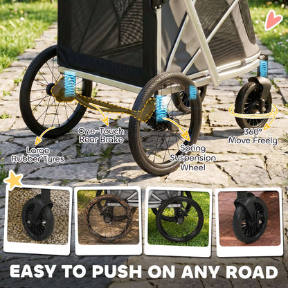 Dog Stroller for Small & Medium Dogs | Rust-Resistant Aluminium Frame | Breathable Mesh Windows | Adjustable Handlebar | Removable Cushion | Quick Fold | 16" & 8" Wheels | 20kg Max | 94x69x118cm | Grey