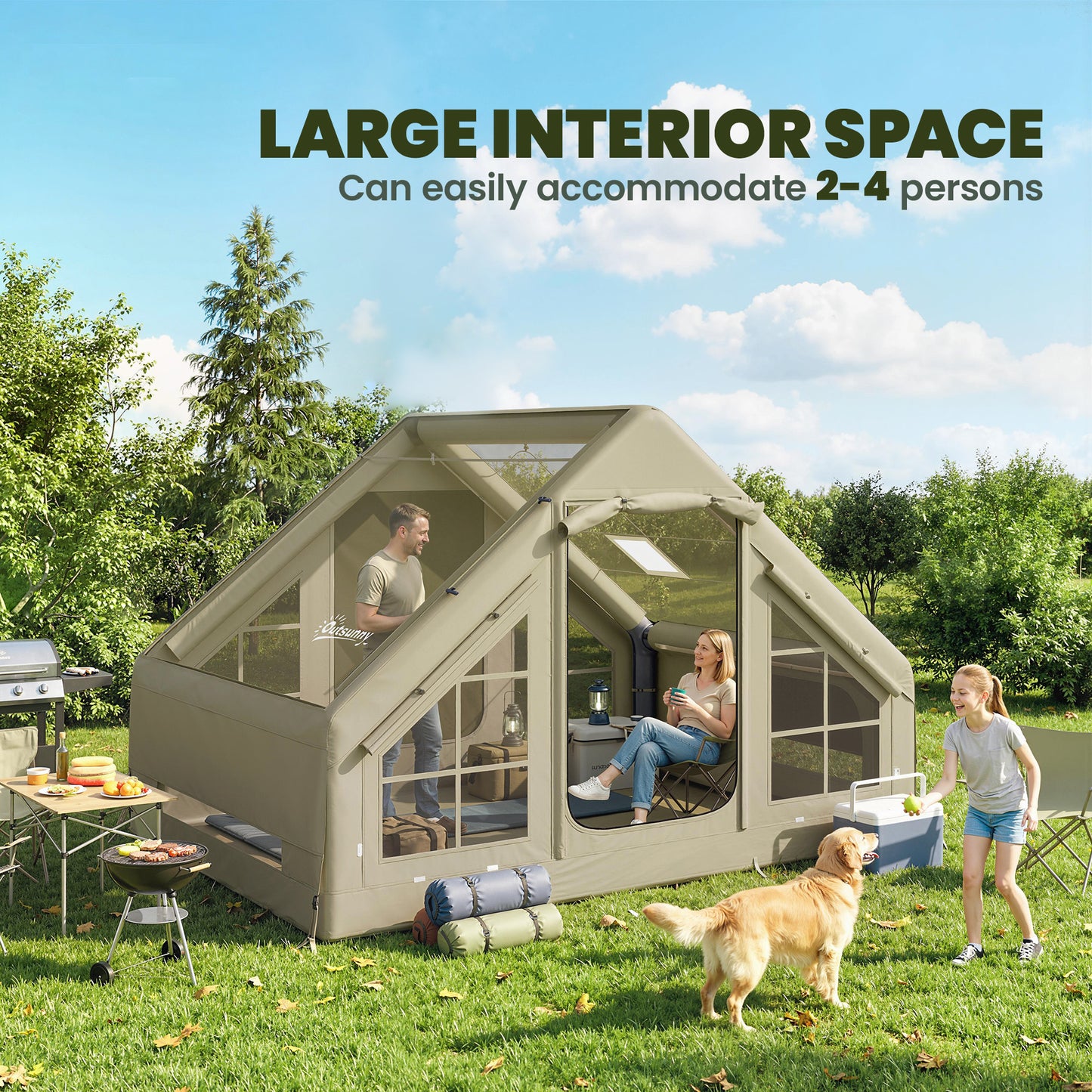 Outsunny Inflatable Camping Tent with Pump and Stove Jack Hole, Luxury Inflatable Tent with Mesh Windows, Doors, Olive Green