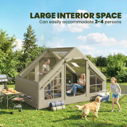 Outsunny Inflatable Camping Tent with Pump and Stove Jack Hole, Luxury Inflatable Tent with Mesh Windows, Doors, Olive Green