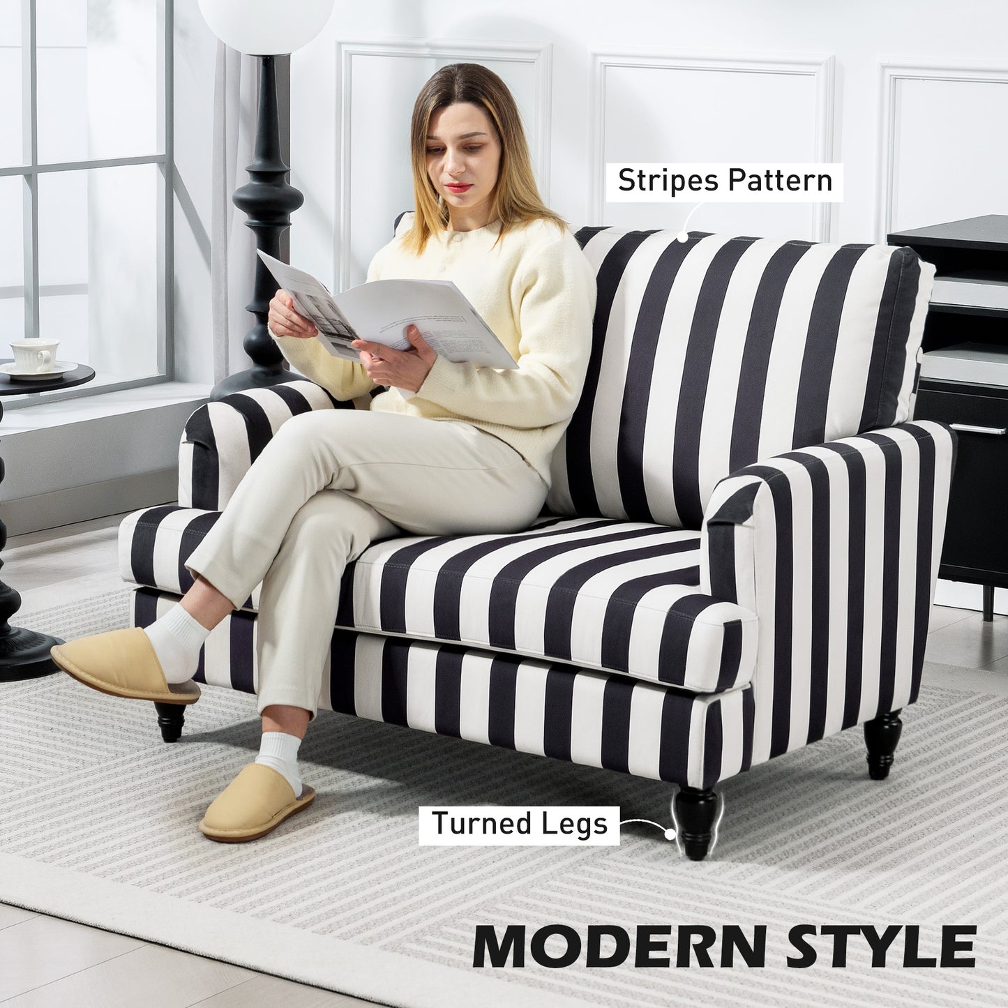 Modern Accent Chair, Velvet Single Sofa Armchair with Stripe, Turned Legs and Wide Seat, Upholstered Snuggle Chair for Living Room, Black and White