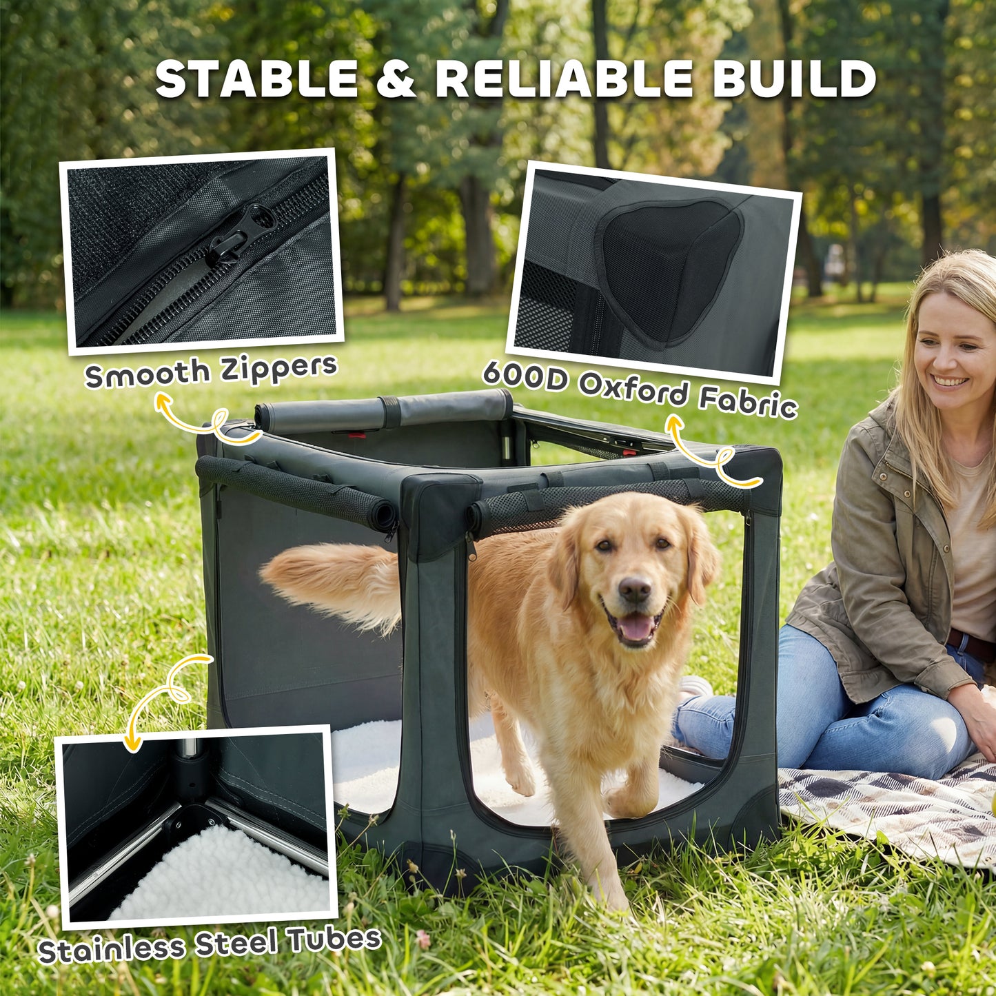 Large Soft Dog Crate | Pop-Up 8-Rod Frame | 3-Sided Mesh | Full-Zip Closure | Removable Washable Pad | Folds to 64 x 27 x 25cm | Dogs up to 30kg | Army Green