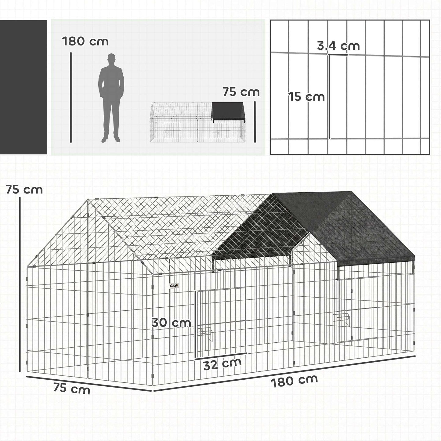 Outdoor Animal Run | 180x75x75cm | Oxford Canopy | Dual Latch Doors | Ground Stakes | Powder Coated Steel | Rabbits Chickens Guinea Pigs | Black