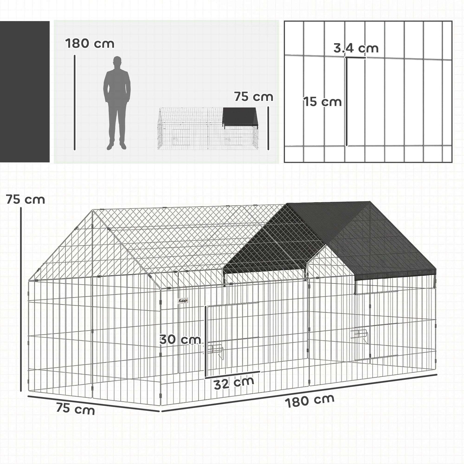 Outdoor Animal Run | 180x75x75cm | Oxford Canopy | Dual Latch Doors | Ground Stakes | Powder Coated Steel | Rabbits Chickens Guinea Pigs | Black