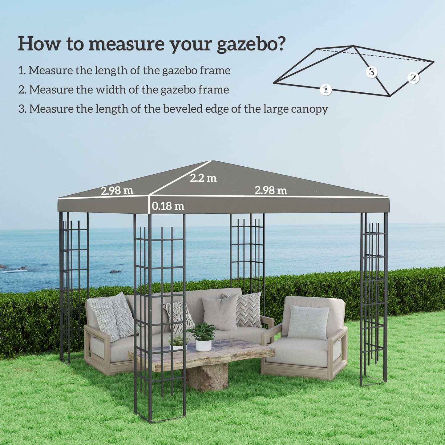 Outsunny 3 x 3(m) Gazebo Canopy Replacement Cover - Grey