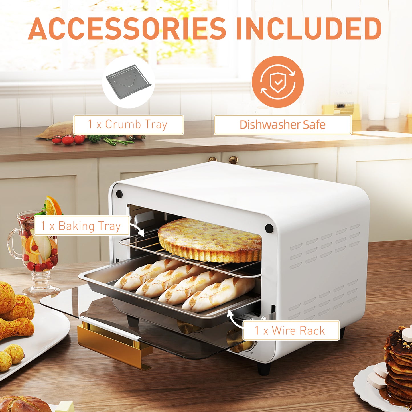 Small Toaster Oven, 12L Multifunction Mini Countertop Oven with Glass Door, Adjustable Temperature and Timer, Accessory Included, 750W, White