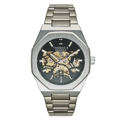 Thomas & George London Silver Edition Automatic Skeleton Watch | 41.3mm Octagonal Alloy Case | Silver-Tone Stainless Steel Bracelet | Optional Luxury Box