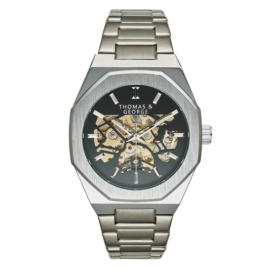 Thomas & George London Silver Edition Automatic Skeleton Watch | 41.3mm Octagonal Alloy Case | Silver-Tone Stainless Steel Bracelet | Optional Luxury Box