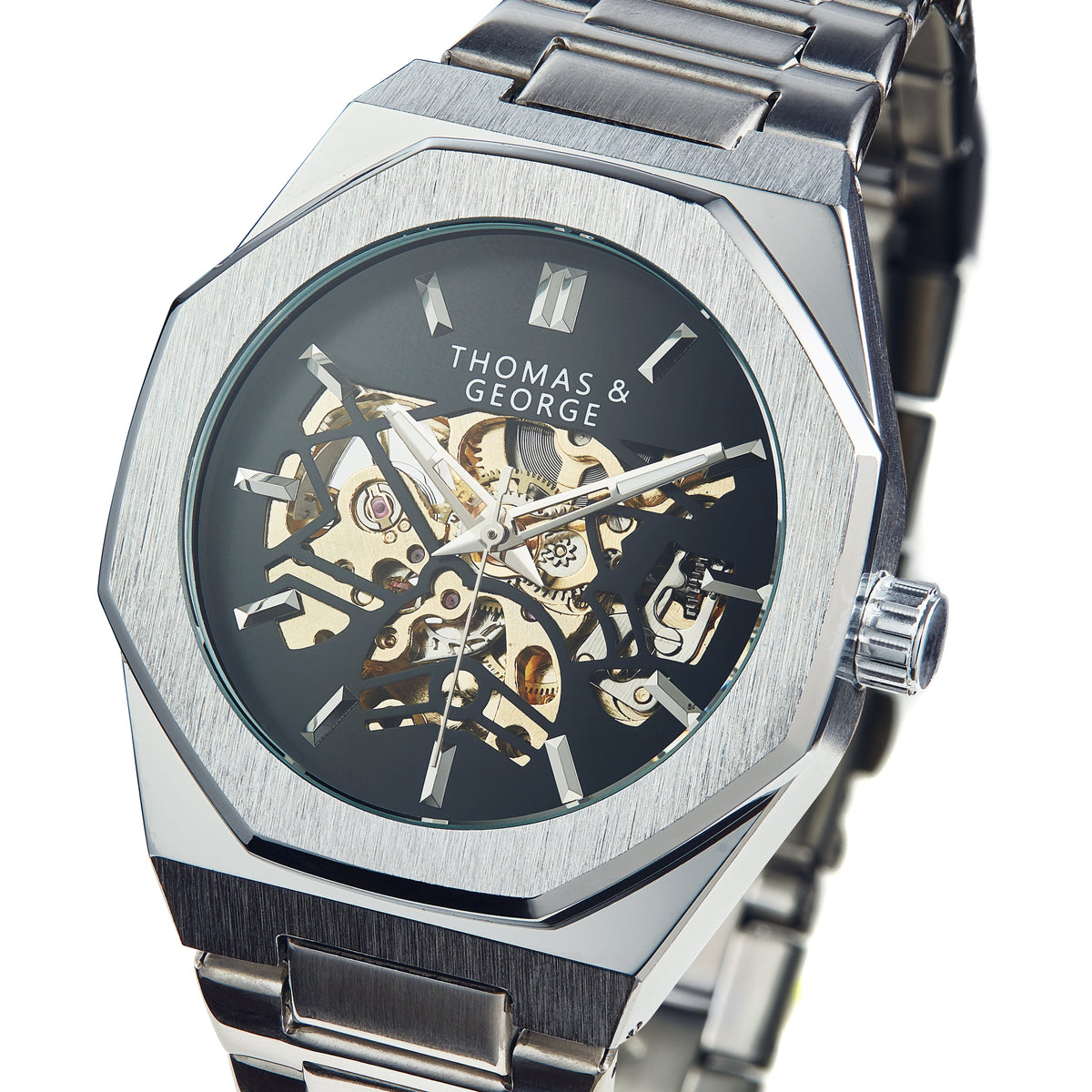 Thomas & George London Silver Edition Automatic Skeleton Watch | 41.3mm Octagonal Alloy Case | Silver-Tone Stainless Steel Bracelet | Optional Luxury Box