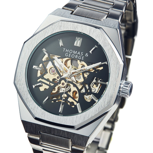 Thomas & George London Silver Edition Automatic Skeleton Watch | 41.3mm Octagonal Alloy Case | Silver-Tone Stainless Steel Bracelet | Optional Luxury Box
