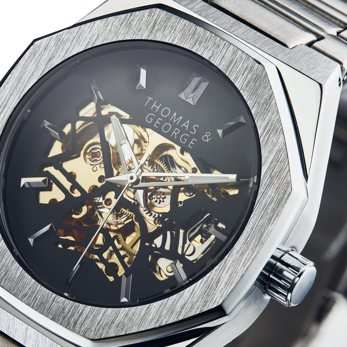 Thomas & George London Silver Edition Automatic Skeleton Watch | 41.3mm Octagonal Alloy Case | Silver-Tone Stainless Steel Bracelet | Optional Luxury Box