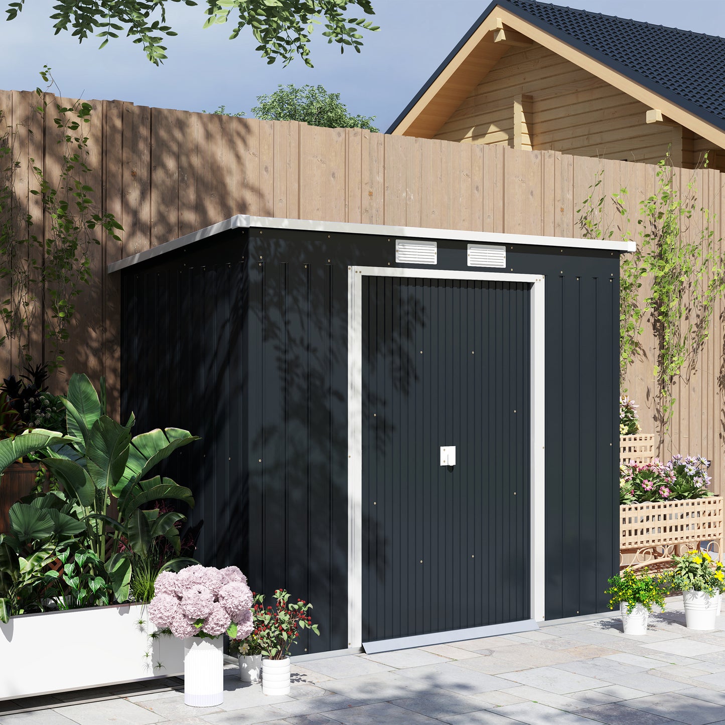 Outdoor Lean to Garden Metal Equipment Tool Storage Shed w/ Foundation Kit, Double Door, Vents and Sloped Roof, Dark Grey