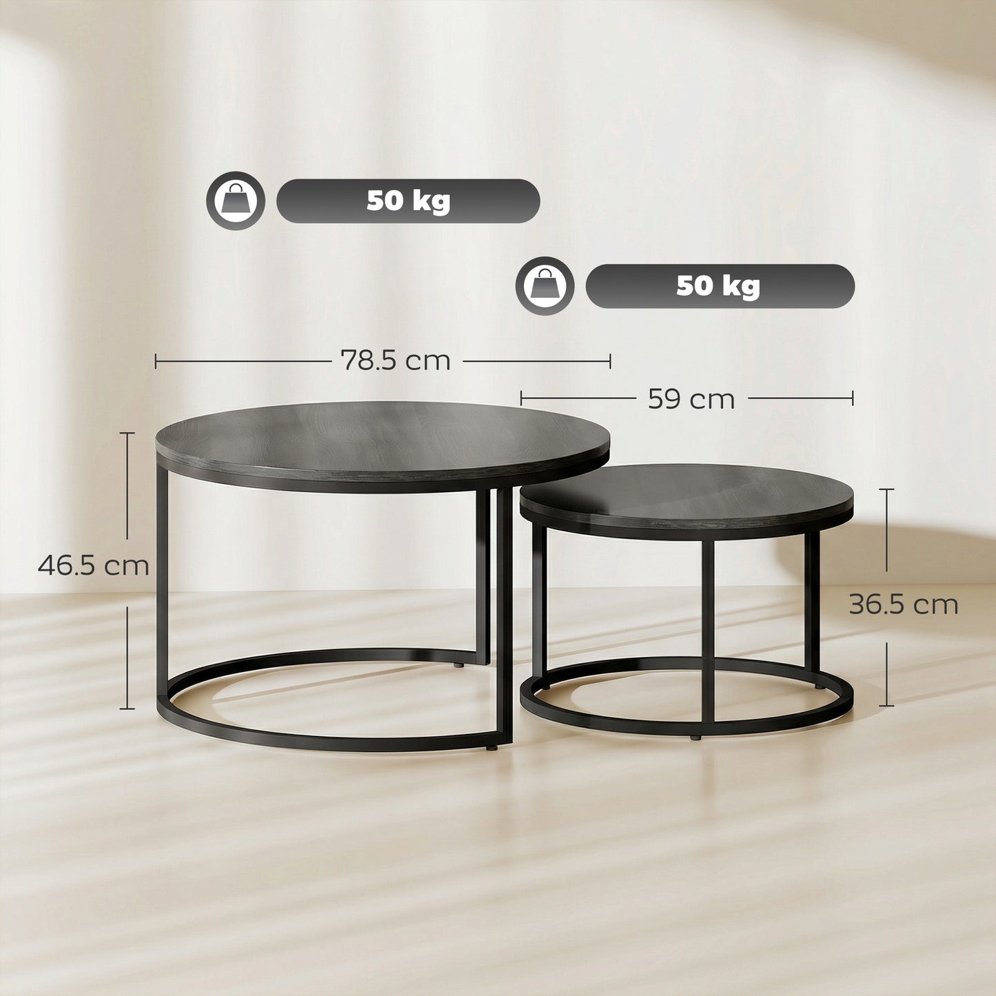 Set of 2 Round Nesting Coffee Tables | Wood-Effect MDF Top | Steel Frame | 50kg | Black Wood Grain