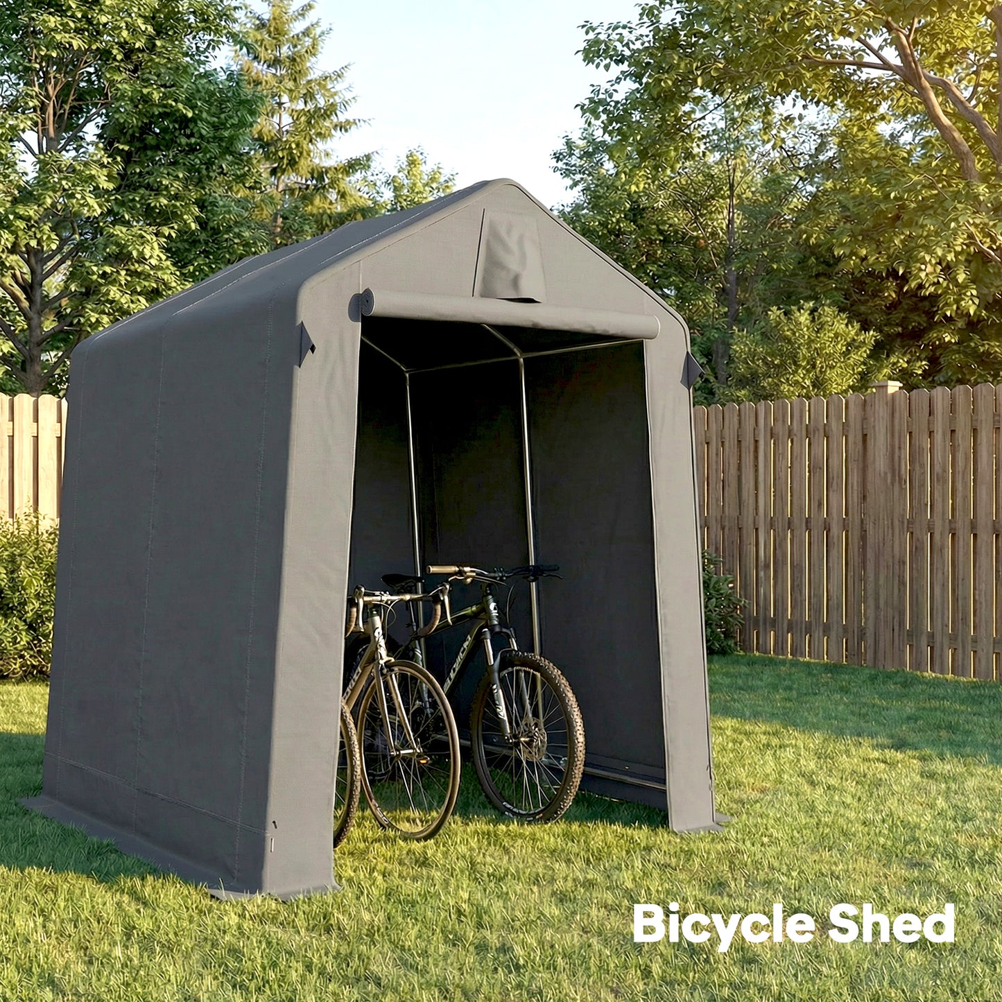 Waterproof UV30+ Polyester Bike Storage Tent | Galvanised Steel Frame | Roll-Up Double-Zip Door | Back Vent | Buckle Straps | Ground Stakes & Guy Ropes | 190x230x220cm | Dark Grey