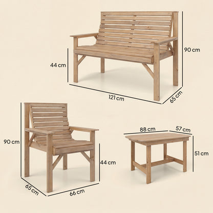 4-Piece Wooden Garden Furniture Set | Loveseat | 2 Armchairs | Coffee Table | Fir Wood | Water-Resistant | Curved Ergonomic Seats | Natural Wood