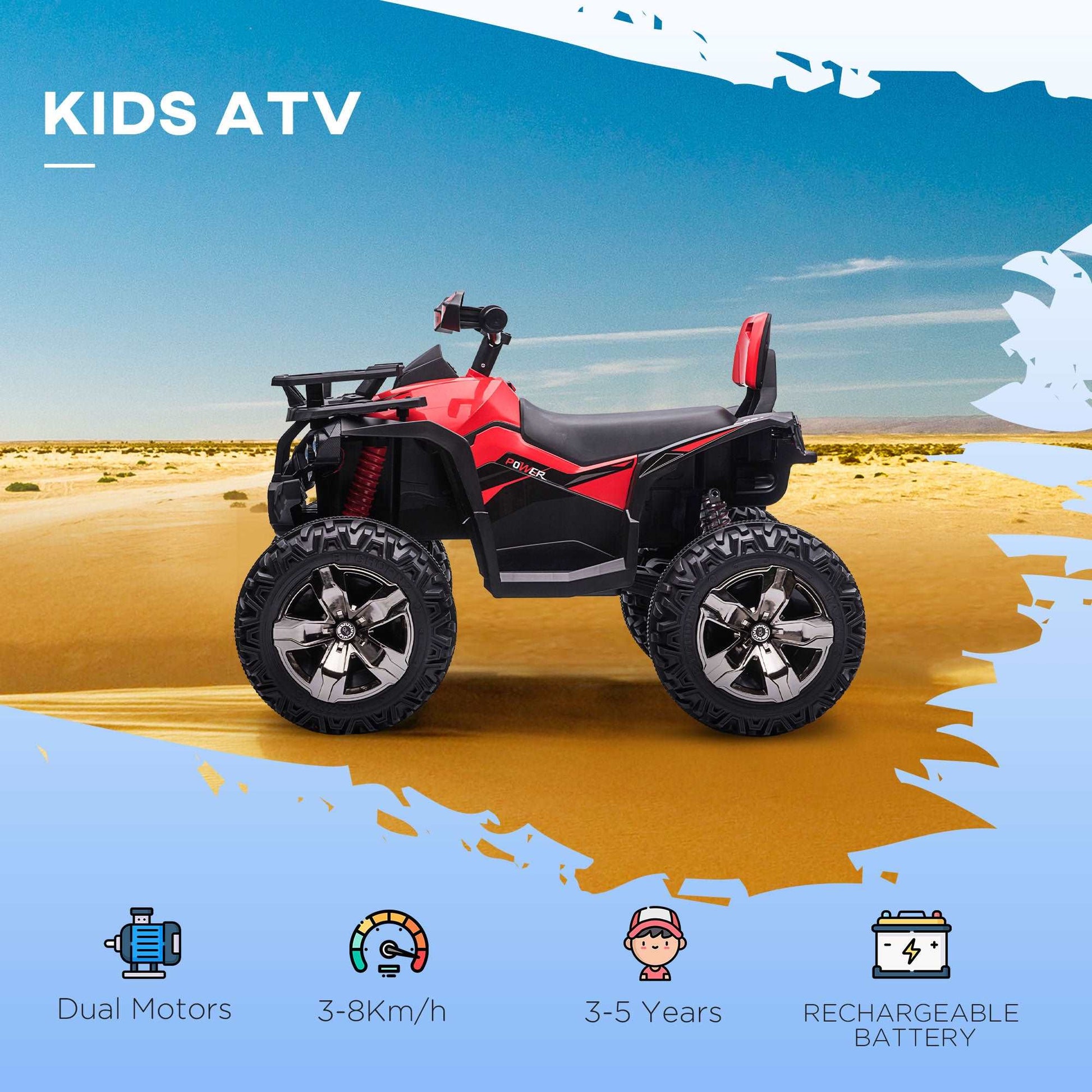 12V Quad Bike ATV with LED Lights, Music, Backrest, Forward, Backward