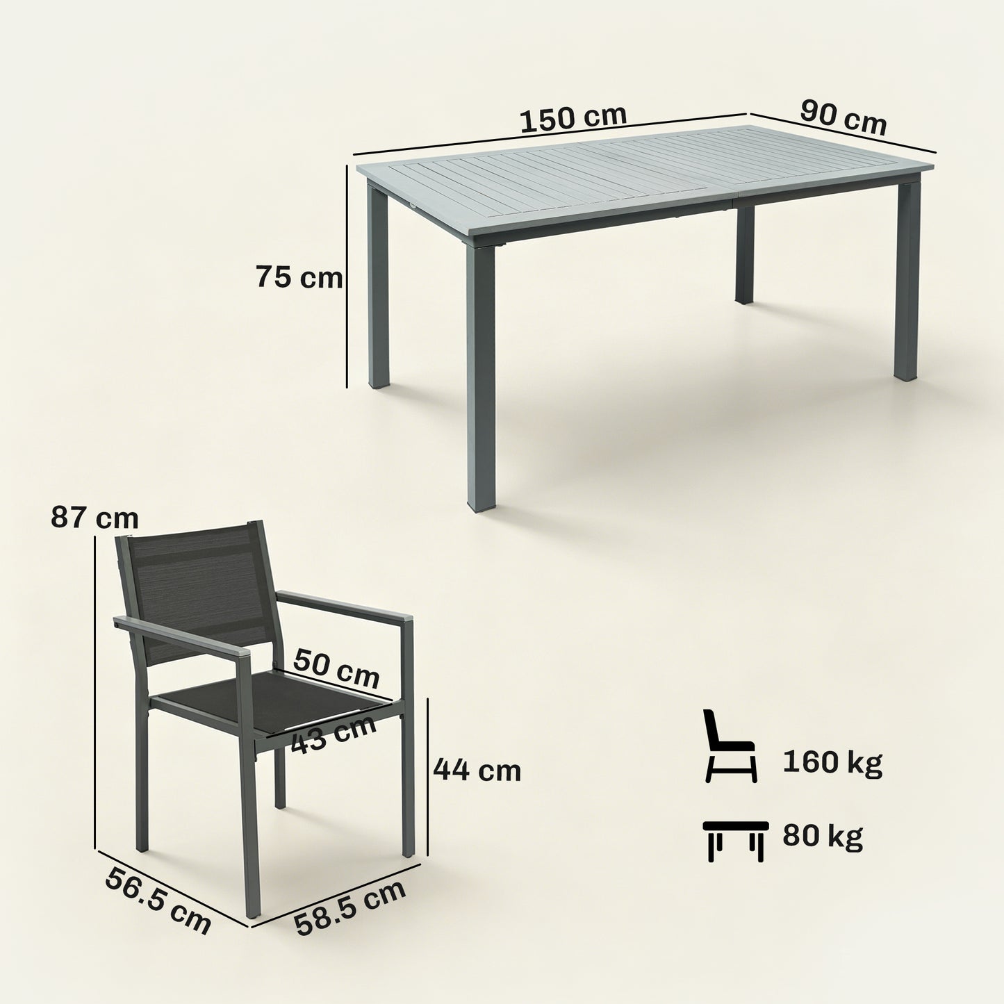7-Piece Garden Dining Set | Slatted Acacia Wood Table | 6 Stackable Texteline Chairs | Wide Armrests | Powder-Coated Steel | Adjustable Foot Pads | 160kg Chair Capacity | 150x90x75cm | Grey
