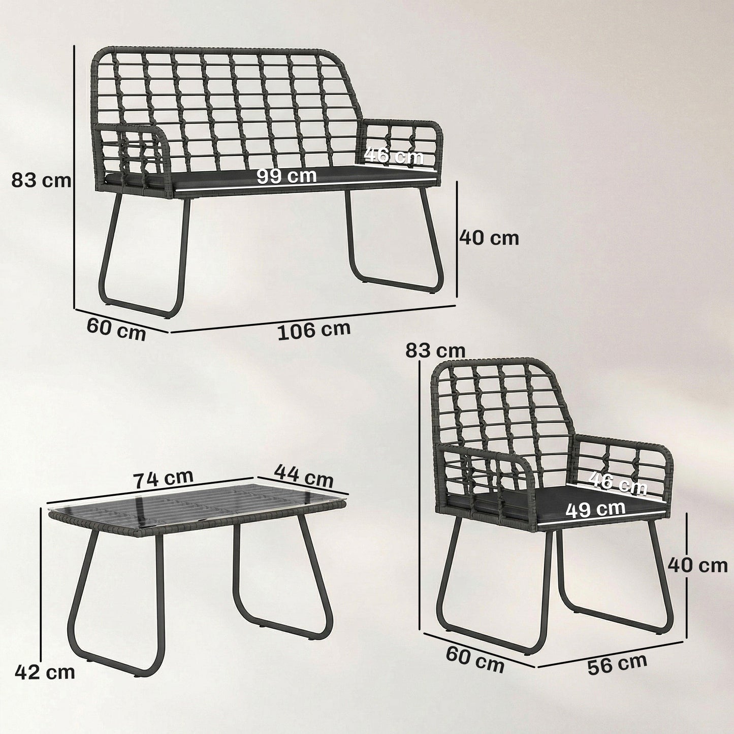 4 Piece Rattan Garden Furniture Set | Loveseat | 2 Armchairs | Coffee Table | Tempered Glass Top | PE Rattan & Metal Frame | High-Density Cushions | Washable Covers | Black