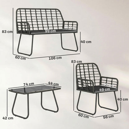 4 Piece Rattan Garden Furniture Set | Loveseat | 2 Armchairs | Coffee Table | Tempered Glass Top | PE Rattan & Metal Frame | High-Density Cushions | Washable Covers | Black