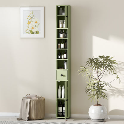 Kleankin 180cm Slim Bathroom Cabinet, with Drawer, Shelves and Cupboards - Green