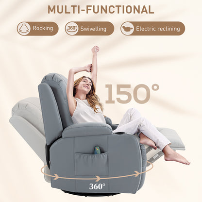 Massage Recliner Chair with 8 Vibration & Heat, PU Leather Recliner Armchair W/ Cup Holders, Side Pockets, Manual Reclining Chair, Light Grey