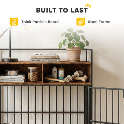 Dog Crate Furniture Side Table | Rotating Feeding Station | Storage Shelf | Double Door Lock | 20kg | Rustic Brown
