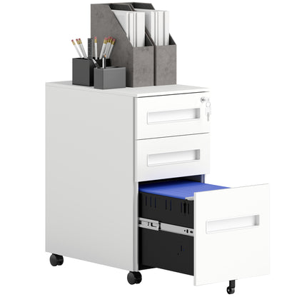 3 Drawer Slim Mobile Steel Filing Cabinet | Under Desk | 30x43.5x60cm | Lockable | A4 Legal Letter | 3 Compartment Pencil Tray | 4 Wheels | Pre-Assembled | 30kg | White